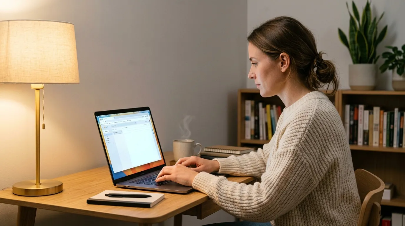 Femme tapant sur laptop &agrave; son bureau avec lampe et plante