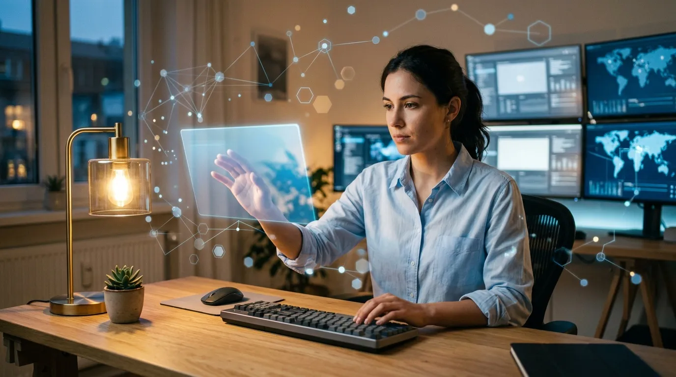 Femme au bureau manipulant un &eacute;cran tactile holographique futuriste